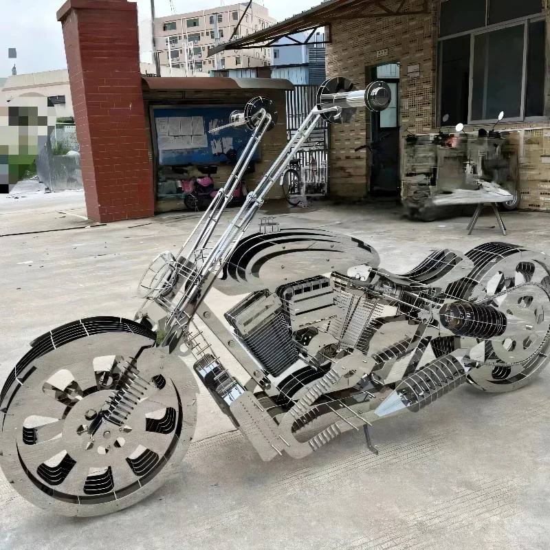 Large outdoor stainless steel motorcycle, metal sculpture decorations, exhibition artworks
