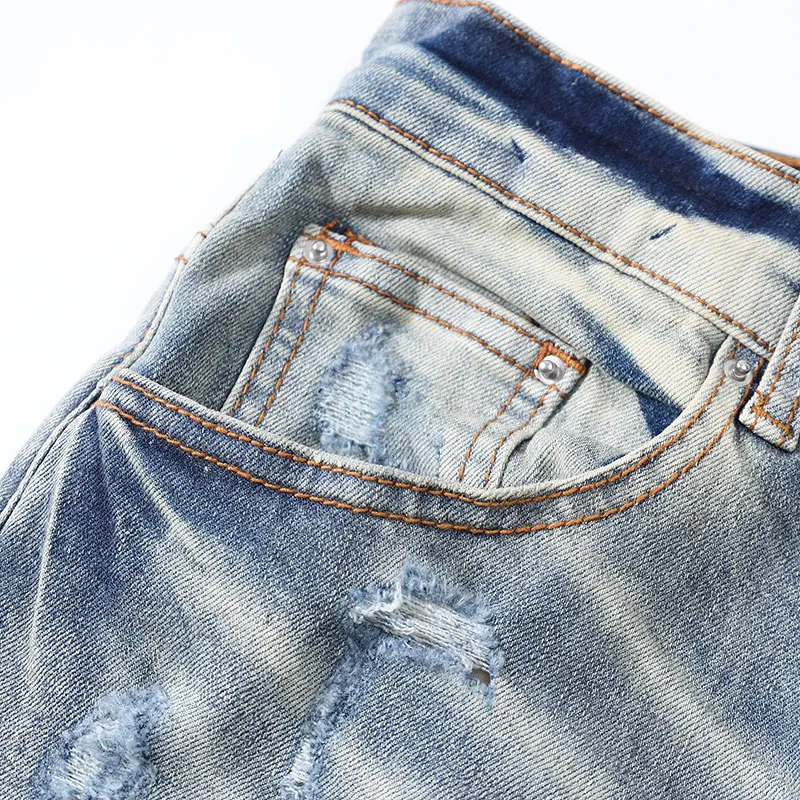 Immagine 4: Jeans alla Moda High Street, Nuovi Jeans con Perline, Lavaggio Acqua, Perforati, Patch Retrò, Jeans Azzurro Chiaro, Pantaloni Hip Hop di Marca High Street Y2K