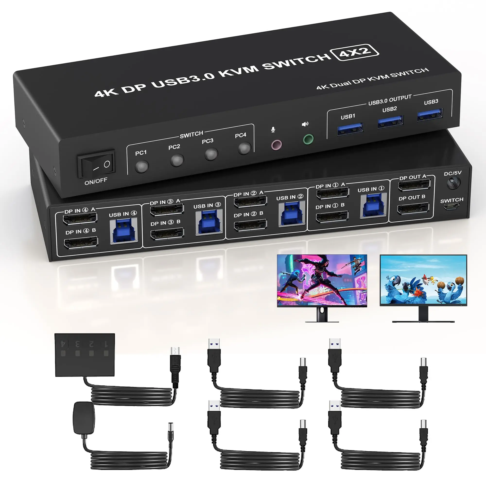 

4K@60Hz USB 3.0 KVM Switch Displayport 2 Monitors 4 Computers,KVM Switch with Audio Microphone Output and 3 USB 3.0 Ports