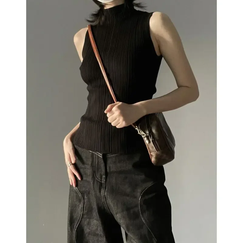 

Черный базовый женский свитер, жилет, водолазка без рукавов, корейский модный плиссированный трикотаж, тонкий однотонный элегантный летний стиль