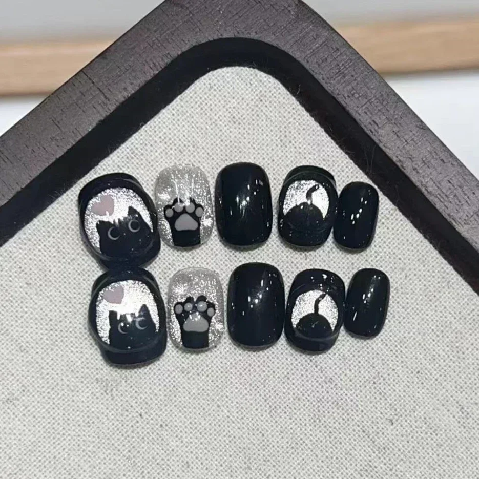 Black Cute Cat Handmade Press on Nails Crystal Cat Eye False Nail Glitter Glossy Fake Nails Short Square Acrylic Nails for Girls