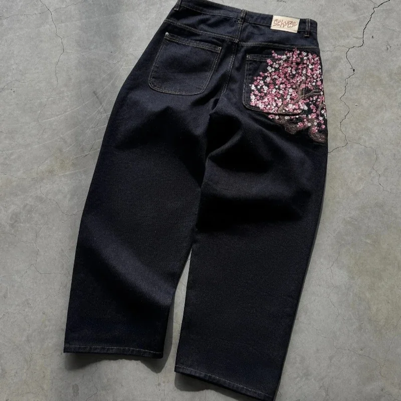 Calças Jeans Baggy Selvedge Y2K para Homens e Mulheres, Calças de Perna Larga Bordadas com Flor de Cerejeira, Calças Retrô Hip Hop Street