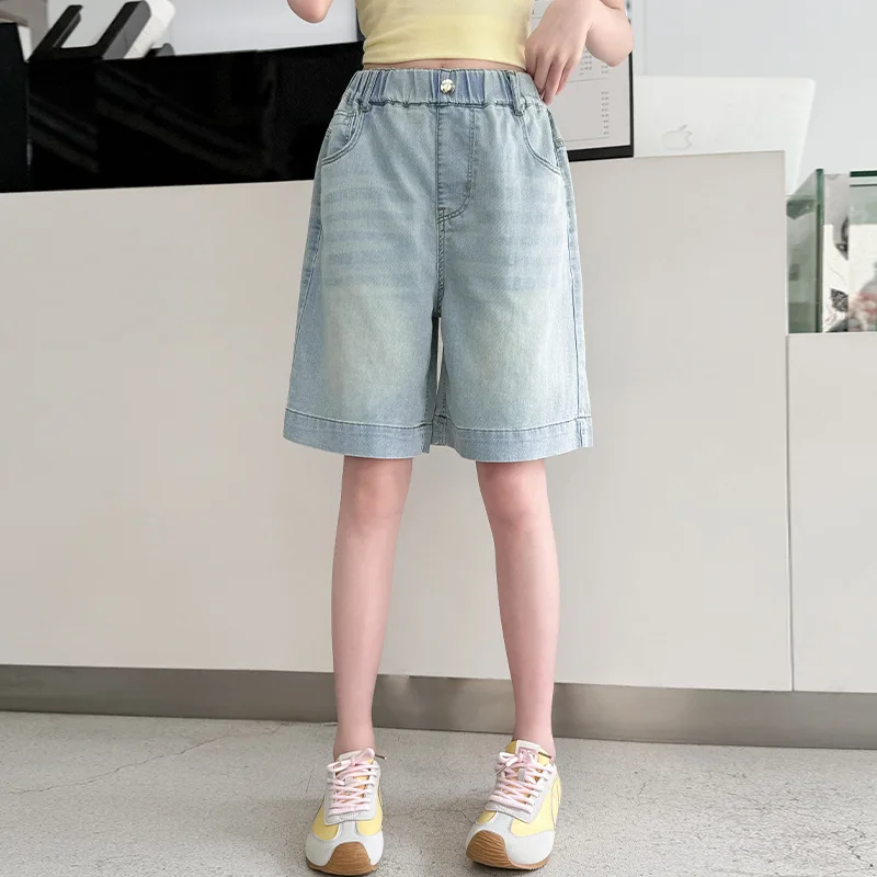 سليم صالح الاطفال الدنيم السراويل الجيب الخلفي مع القوس للمراهقات عارضة الصيف السراويل الأطفال بارد الشارع الركبة عارضة السراويل #3