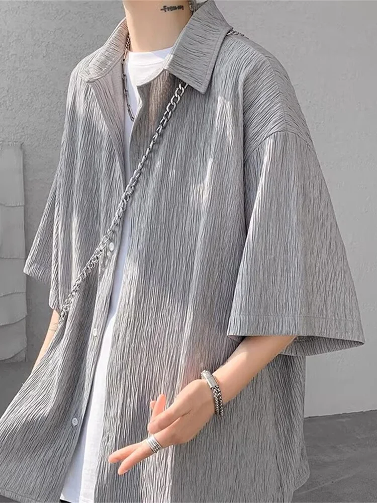 

Smoke Grey Ice Silk Short Sleeve Men's Shirt Summer Trendy Brand Loose Large Size Half Sleeve Outerwear for Youth