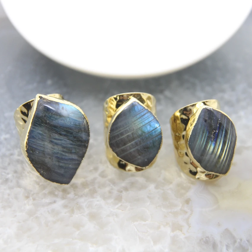 Natural Labradorite Rings Gift For Women,Soldered Gold Flash Stone Adjustable Rings Antique Style Boho Vintage Jewelry