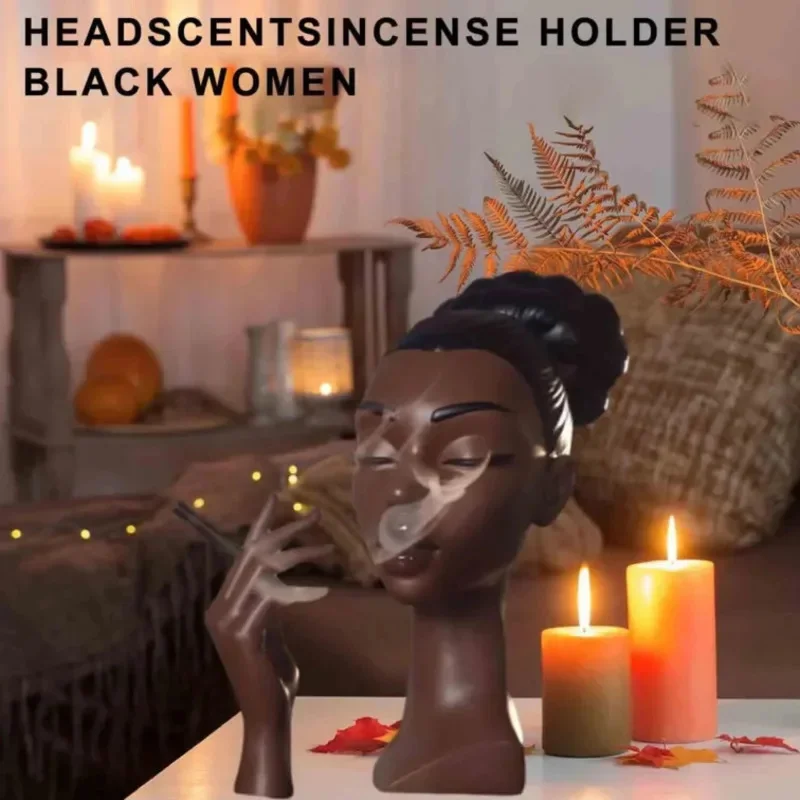 

Black Woman Head Incense Stick Burner Ornament Resin Aromatherapy Figurine Holder Body Art Airflow Incense Stick Home Decor