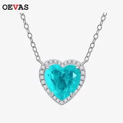 OEVAS 100% 925 Sterling Silver 10*10mm Heart Synthetic Paraiba Tourmaline Pendant Necklace For Women Party Fine Jewelry Gifts
