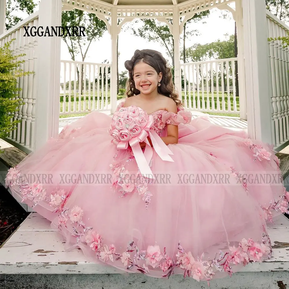 Customized Luxury Pink Flower Girl Dress 2026 Long Train Mini Quince Birthday Party Gown Wedding Daughter Pageant Princess Gown