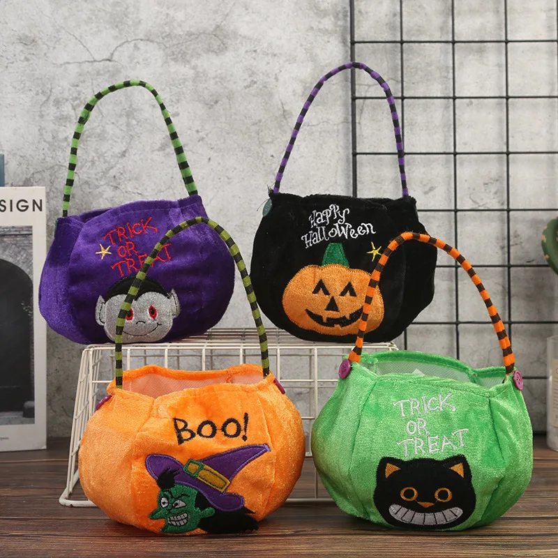 1 PC Halloween Candy Bag for Kids Plush Tote Bucket Candy Trick or Treat Bag with Handle for Party Favor Supplies , Gifts Bags