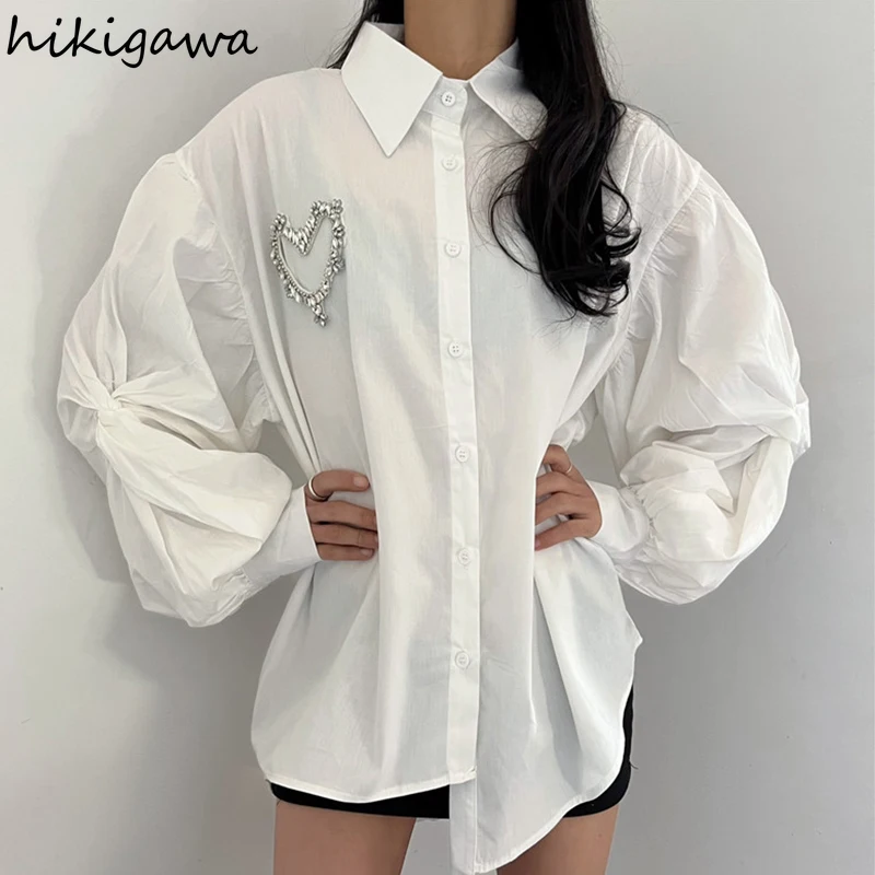 

Fashion White Blouse for Women Vintage Turndown Collar Beading Shirts Casual Loose Oversized Tops 2024 Blusas Mujer De Moda