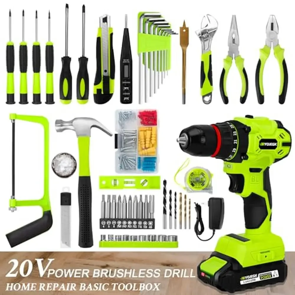 20V Brushless Drill Kit with 119PCS Tool Set Cordless Drill Box Battery Tool Kit Men & Women 24 1 Clutch Leveling Ruler Tape