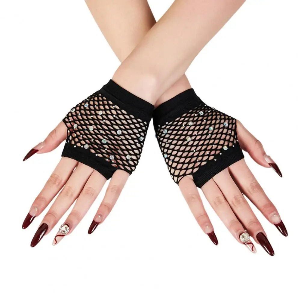 

Rhinestone Gloves Fingerless Mesh Gloves Elegant Rhinestone Decor Fishnet Performance Gloves for Cosplay Festivals High for Club
