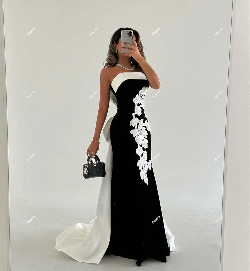 Booma Black and White Mermaid Evening Dresses Strapless Appliques Formal Party Gowns for Women Draped Bow Prom Dresses Dubai