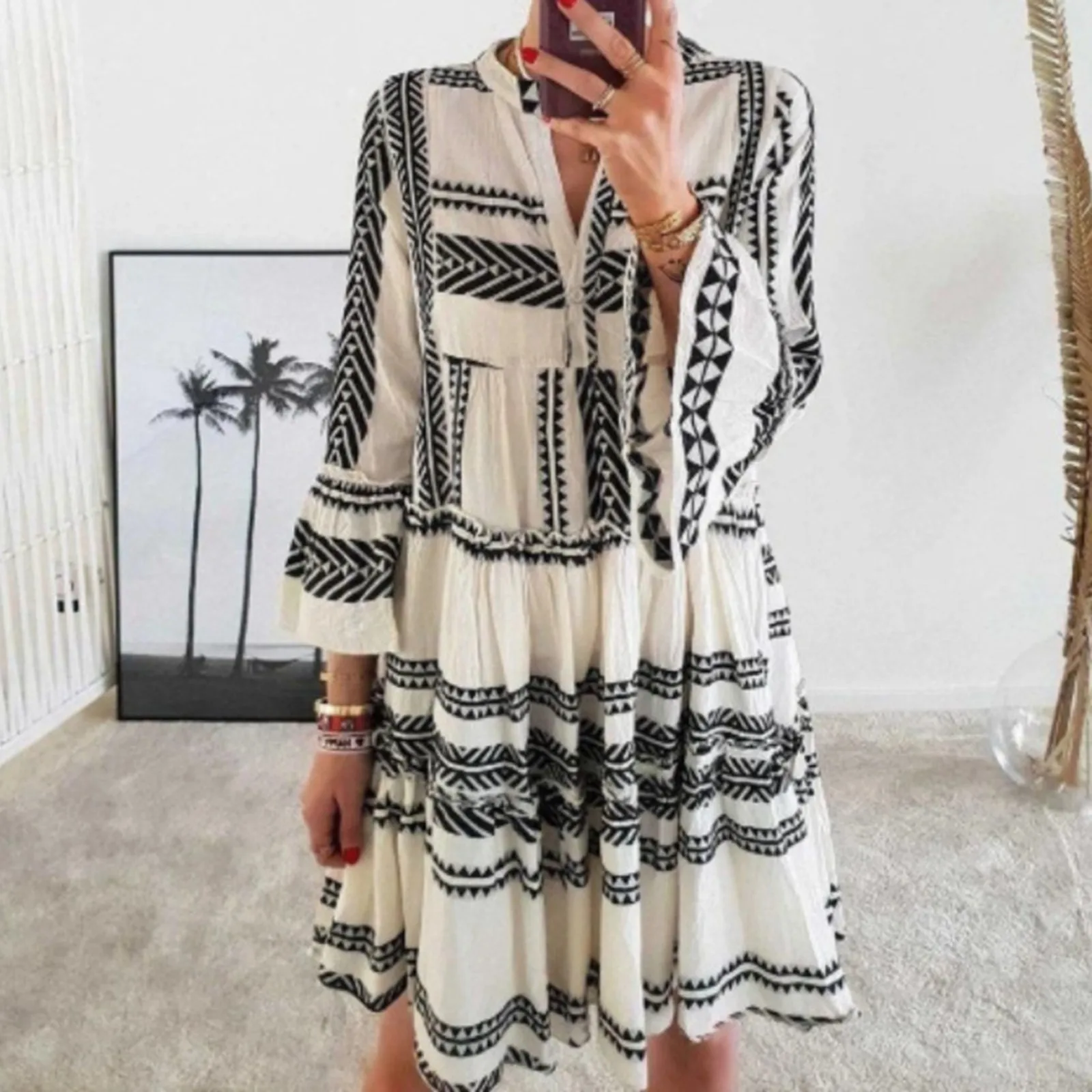 

Women's Short Dress Spring Summer V-neck Long Sleeved Bohemian Beach Dress Casual Commuting Button Printed Women's Dress 2024