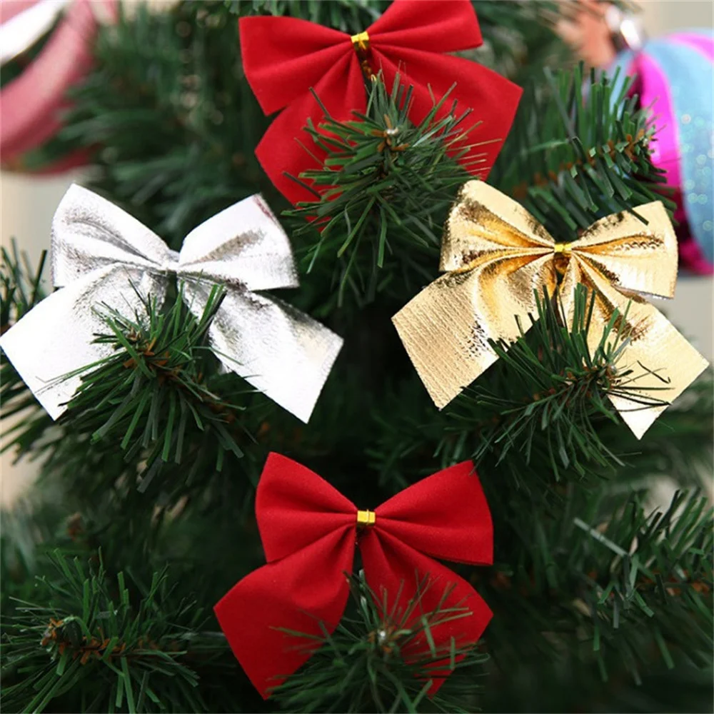 12/24pcs Christmas Bows Hanging Decorations Gold Silver Red Bowknot Christmas Tree Ornaments New Year 2025 Decor Set For Home