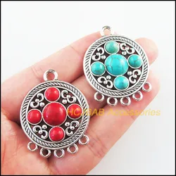 Fashion 3Pcs Retro Tibetan Silver Tone Round Flower Blue&Red Stone Charms Connectors 31x40.5mm
