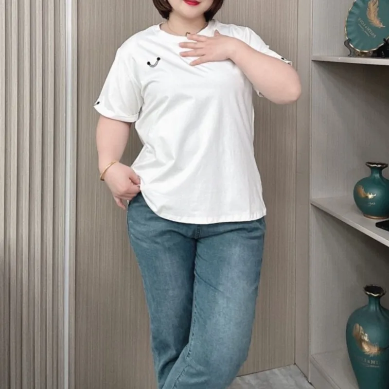 Women's Cotton Short Sleeve T-shirt, Loose Thin T-Shirt, Smiling Face Embroidery Tees, Plus Size, Casual Fashion, Summer, 2024