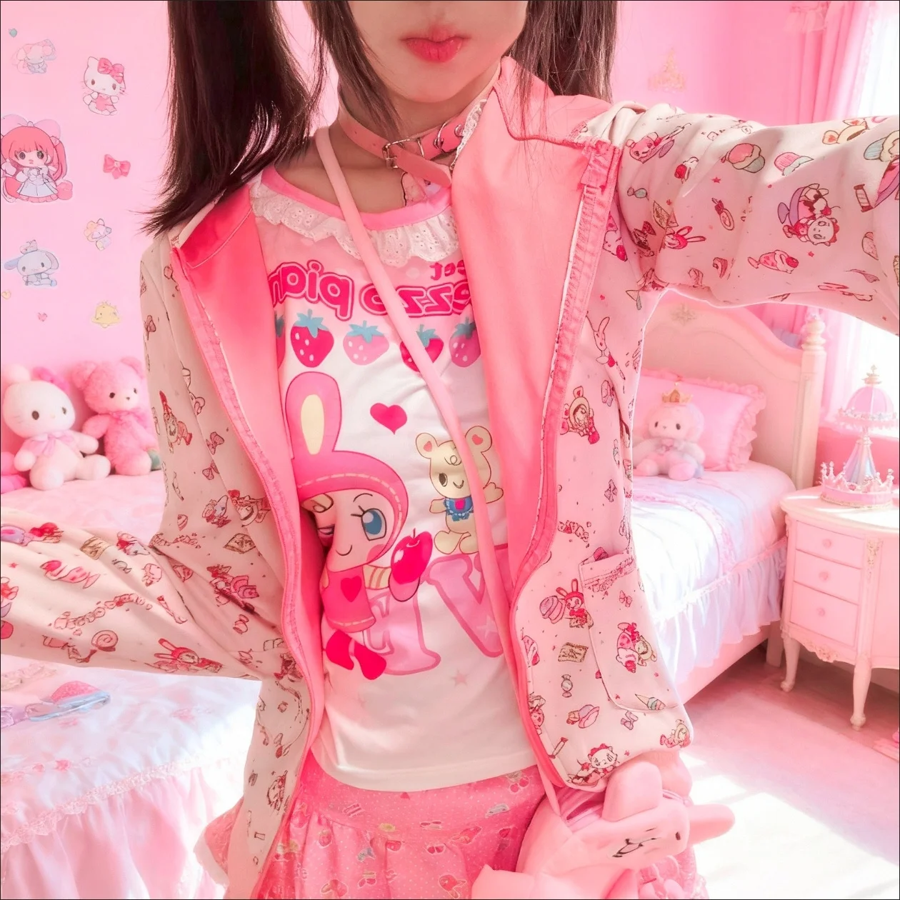 

Японская милая толстовка с длинными рукавами на молнии Kawaii с мультяшным принтом Kawaii Girl Subculture Harajuku Модный милый повседневный топ