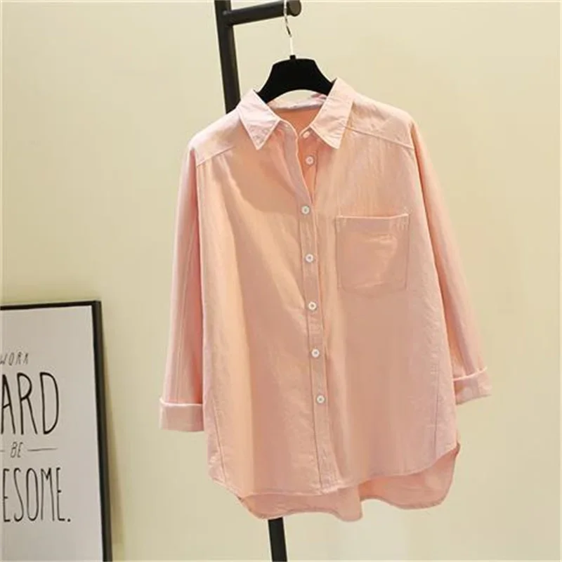 Cotton Long Sleeve Shirts and Blouses Solid Color Fine Elegant Blouses for Women Korean Style Clothes Women Summer E630