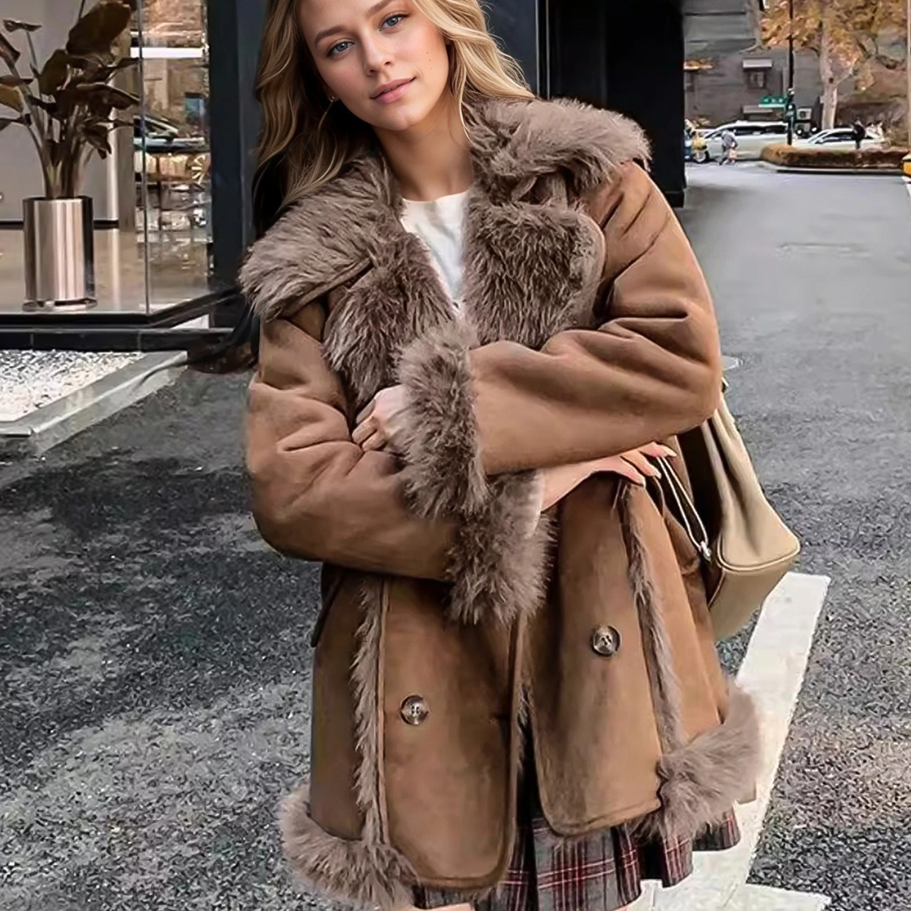 ブラウンの襟付きフェイクファーのジャケット、レザーとファーのゆったりとしたプラッシュコート、スタイリッシュなボタン付きレディースファーリージャケット、冬用暖かいふわふわのアウターウェア
