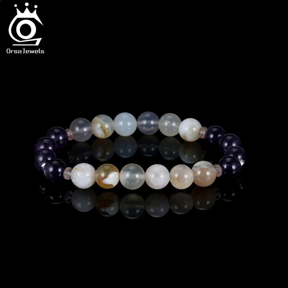 ORSA JEWELS Natural Agate & Amethyst Stone Healing Crystal Bracelet Women S925 Beads Wrist Chain Elastic Rope Jewelry GMB101 3