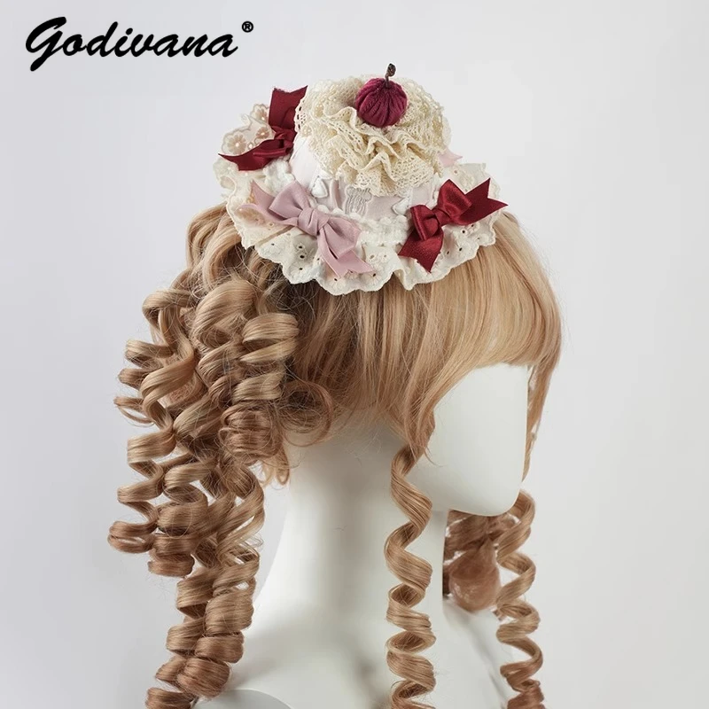 الأصلي لوليتا اليدوية الوردي كب كيك دبوس الشعر الإناث الفتيات لطيف مقوس دانتيل KC الباليه إكسسوارات الشعر هالوين كوس أغطية الرأس