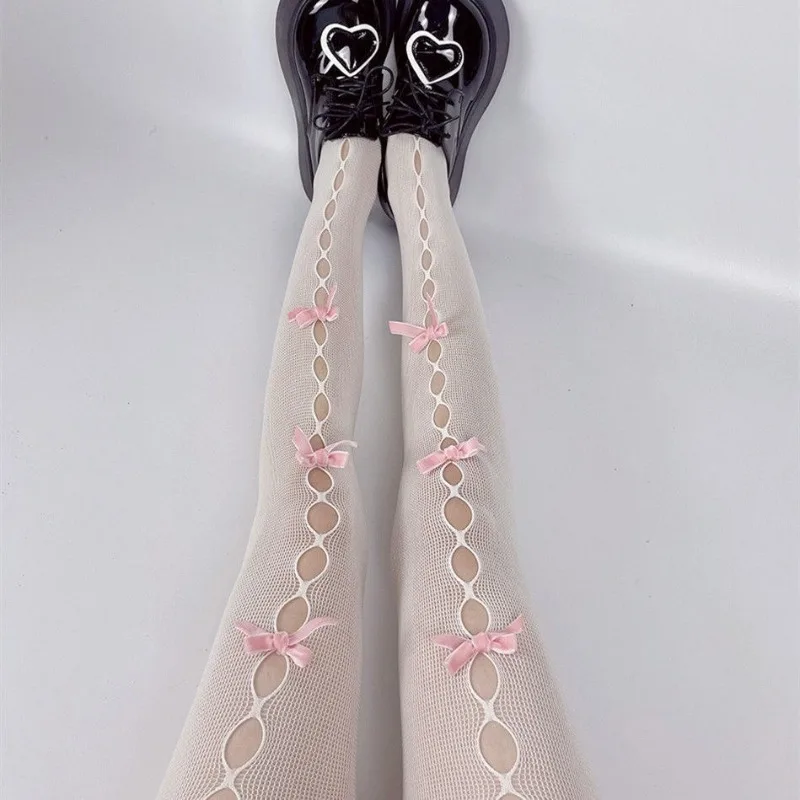 12Yrs+ Y2K Subculture Hollow Out Transparent Slim Fishnet Pantyhose Sweet Lolita Girls' Bowknot Stockings Party Cosplay Tights