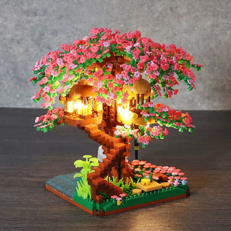 Mini Sakura Tree Building Blocks Set Diy Cherry Blossom Bricks with Light Treehouse Model Ornament Romantic Gift for Girlfriend