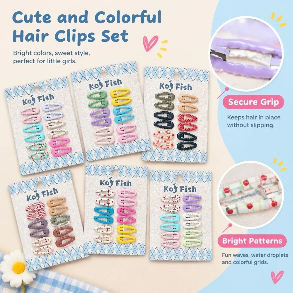 Fashion 12Pcs BB Hair Clips Plaid Wavy Hair Pins Flower Design Water Drop Shape Hair Barrettes For Kids