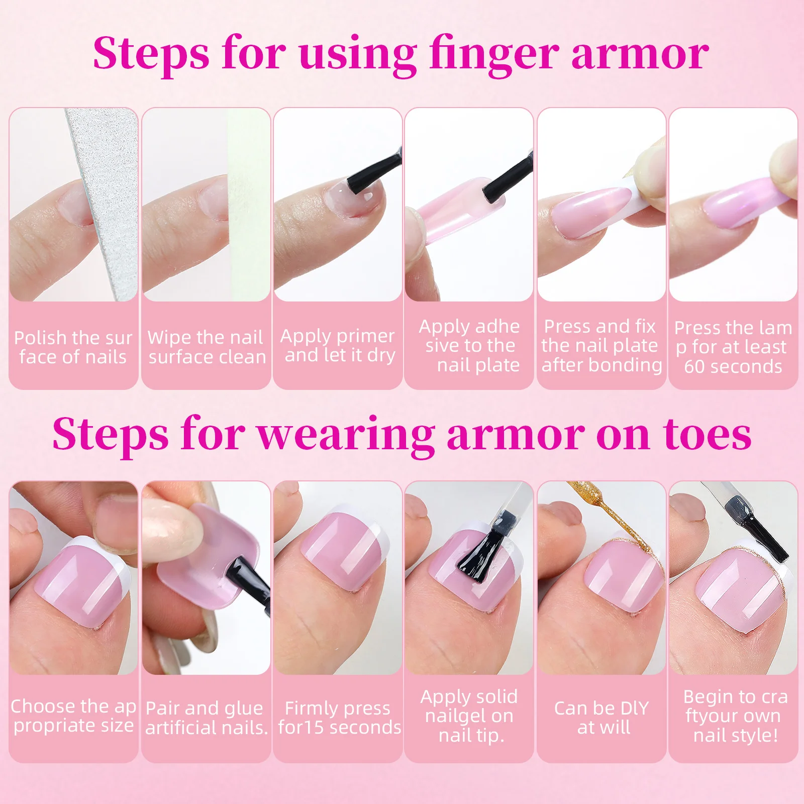 144pcs Franse Zwart Roze Hand & Voet Dragen Nagel Set Korte Vierkante Kunstnagels Druk Op Acryl Volledige dekking Handige Nail Art