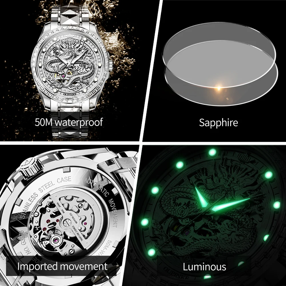 OUPINKE luxury watch for men automatic mechanical wristwatches skeleton watch For mens 50m waterproof Luminous function