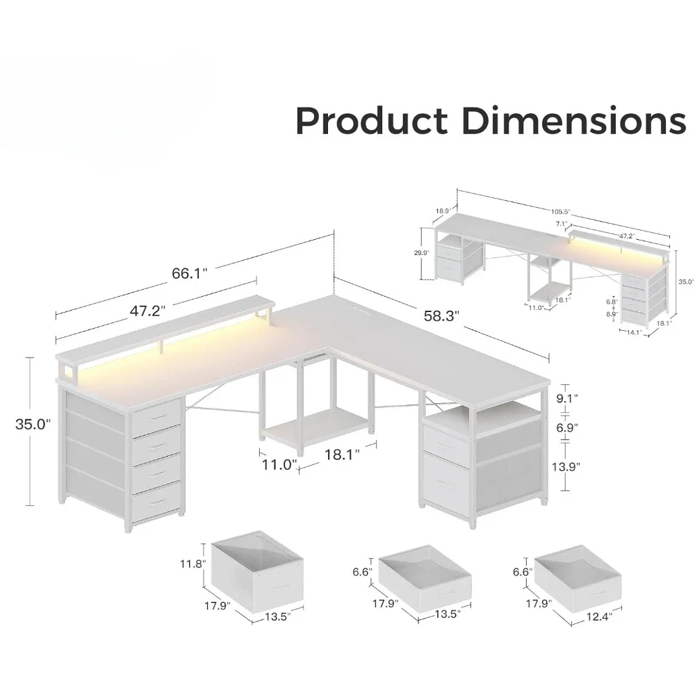 Escritorio para computadora en forma de L de 59" con archivador y 4 cajones de tela, escritorio para dos personas con luces LED y toma de corriente, mesa para juegos