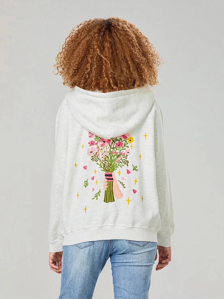 Cathery New Fashion Women's Floral Embroidery Hoodie Long Sleeve Kangaroo Pocket Raglan Casual Zip Up Sweatshirt Hot Sale S M L