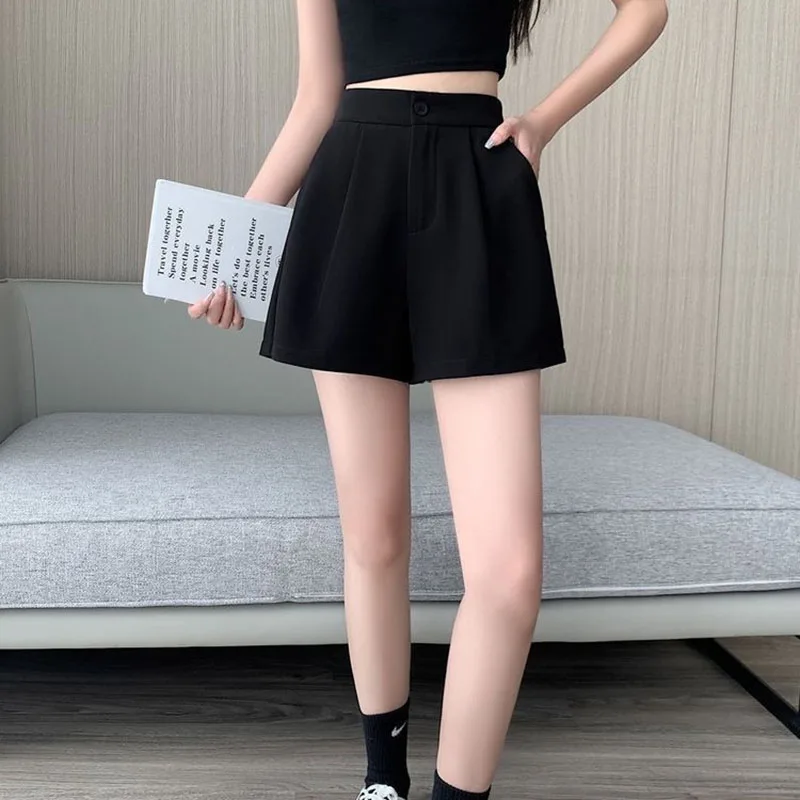 Summer Black Suit Shorts Woman Korean Style High Waist A-Line Office Ladies Short Pants All-Match Casual Loose Wide Leg Shorts