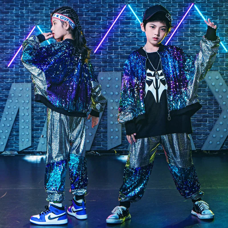 Children\'s Performance Clothing Suit Drum Set Boys Sequins Silver Walkout Hip-Hop Street Dance Girls Clothes Fashion Suit