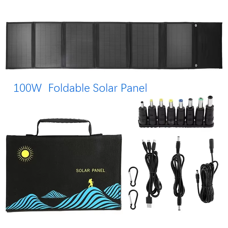 Panel Solar Plegable de 100W con Salida USB+DC, Cargador Solar Portátil, Dispositivo de Carga Solar Plegable, Fuente de Energía Portátil para Exteriores