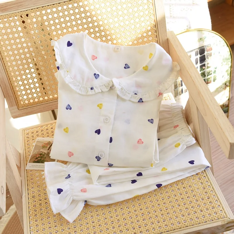 Pijamas de algodón de doble hilo para mujer, pantalones de manga larga con cuello de muñeca Simple, ropa para el hogar, ropa fina y holgada para el hogar, primavera y otoño