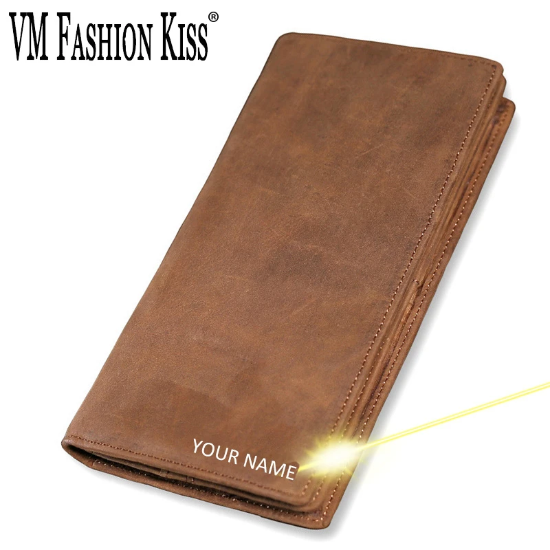 

VM FASHION KISS Men Name Customize Engraving Wallets Vintage Crazy Horse Genuine Leather Men Long Wallet Slim Card Holder