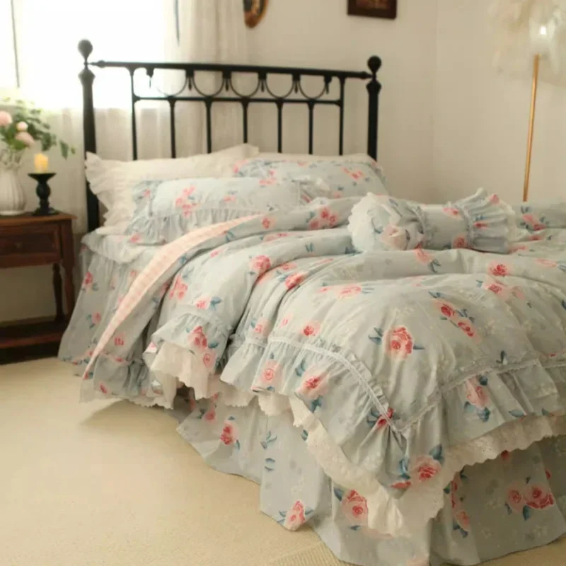 Pure Cotton Princess Style Bedding Set Bed Sheet Skirt Type Floral Bedding Set Lace Ruffle Duvet Cover King Size Bed Linens