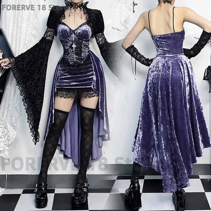 

Gothic Purple Sleeveless Corset Dress Women Lace Trim High Low Hem Tail Dress Sexy Party Clubwear Halloween Cosplay Costume