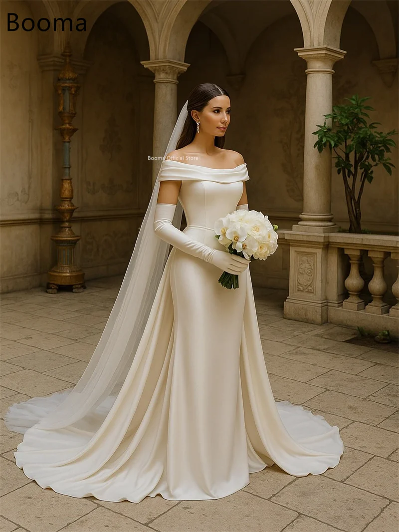 Booma sirena fuera del hombro plisado satén vestidos de novia simples largo sin mangas marfil elegante vestido de novia hecho a medida 2025