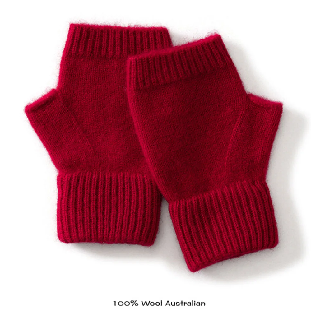 

Перчатки женские зимние вязаные из 100% шерсти, теплые, мягкие, без пальцев, 15 см, однотонные, черные, полупальцевые