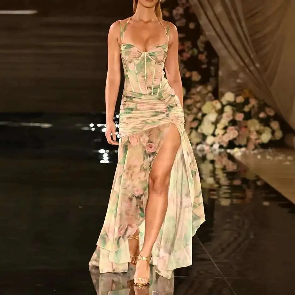 

2025 New Women's Fashion Spaghetti Strap Low-cut Bodycon Sexy Split Print Maxi Dress Femmes 2025 Summer Dress Robe Vestido Women