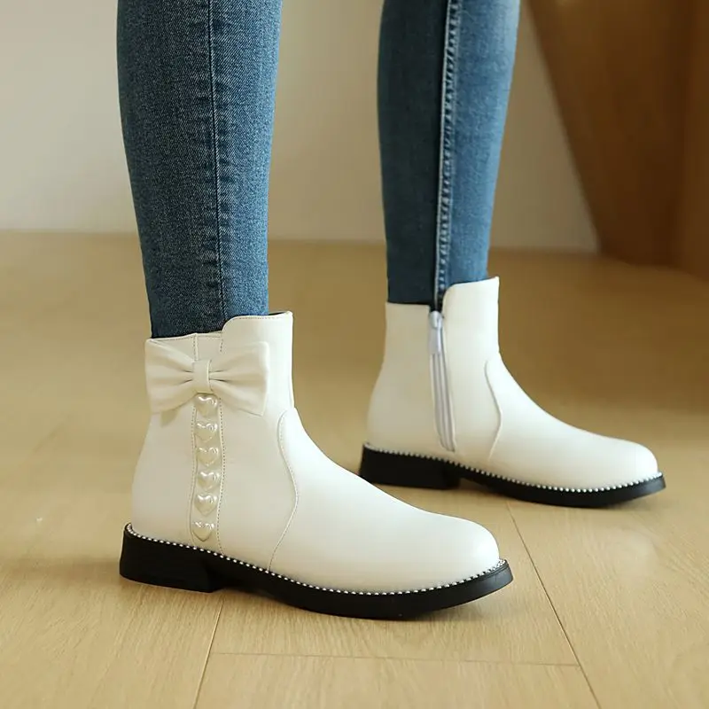 

Girseaby Women's Sweet Ankle Boots Round Toe 2.5cm Mid Heel Zipper, Bowknot Pearl Small Size 31-33 Fashion School Casual Style