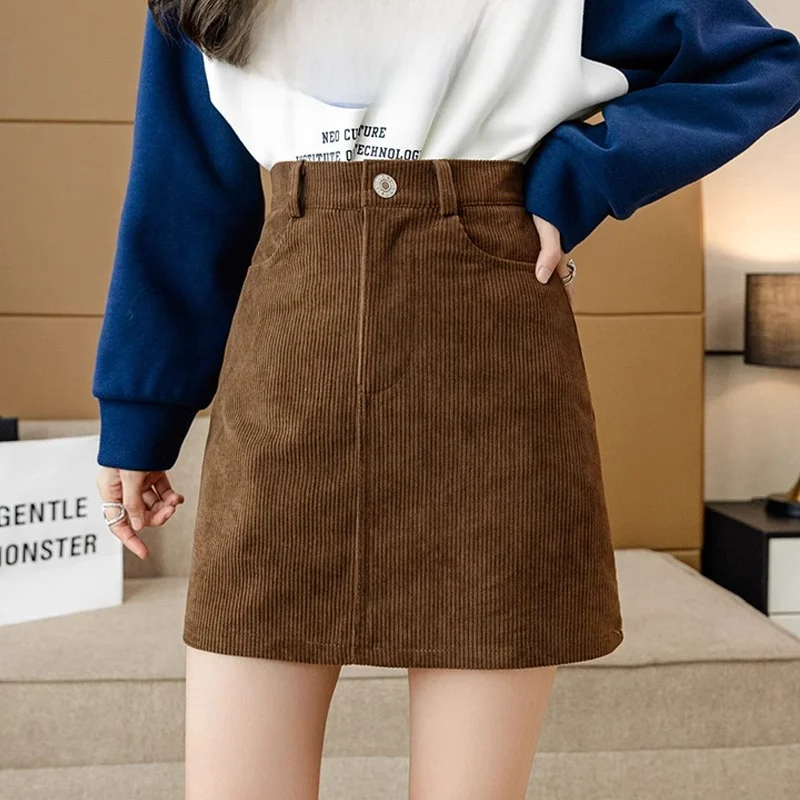 High-waist Slimming Half-skirt Women Autumn Winter Corduroy Bag A- line Skirt Cotton Material Short Length Korean Style