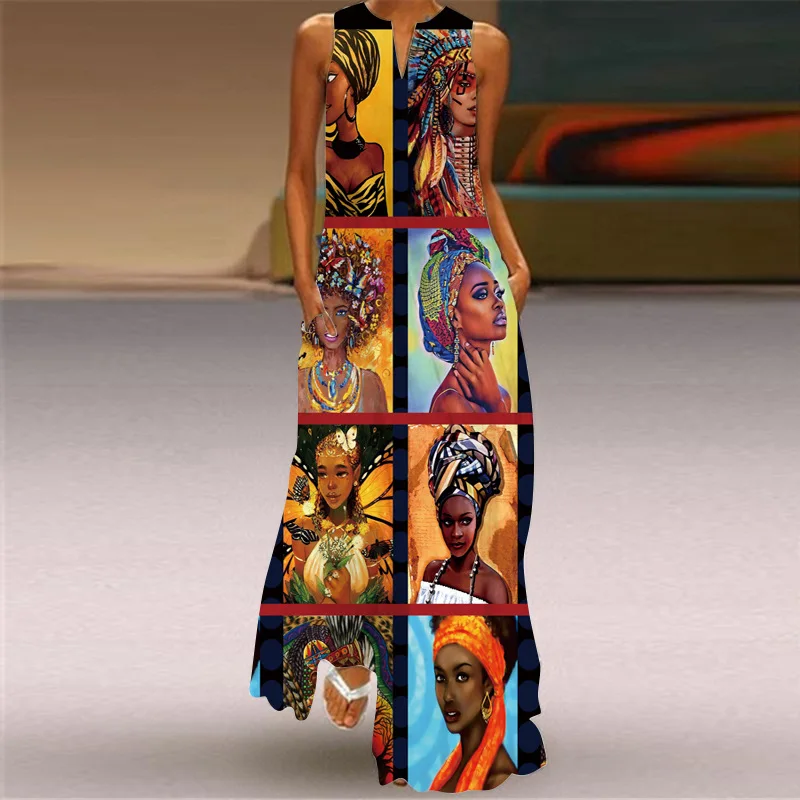 Sexy V-neck Women Maxi Dress Summer Fashion Sleeveless Sundress Retro Print Long Dresses With Pocket Vestidos Robe Maje