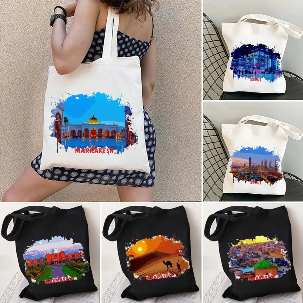 

Marrakesh Morocco Seoul Korea City Sights Watercolor Ink Painting Shoulder Canvas Cotton Totes Bags Harajuku Eco Shopper Handbag