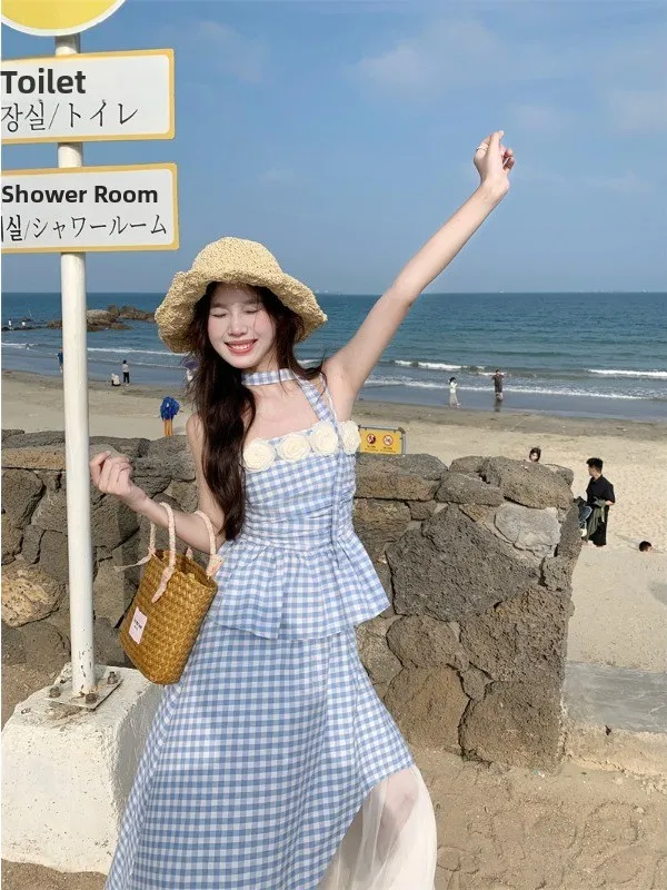 

Женский жилет Sweet Vaion Sle, лето 2025 года, клетчатый жилет на бретелях, лоскутная юбка, комплект из двух предметов, одежда для взрослых