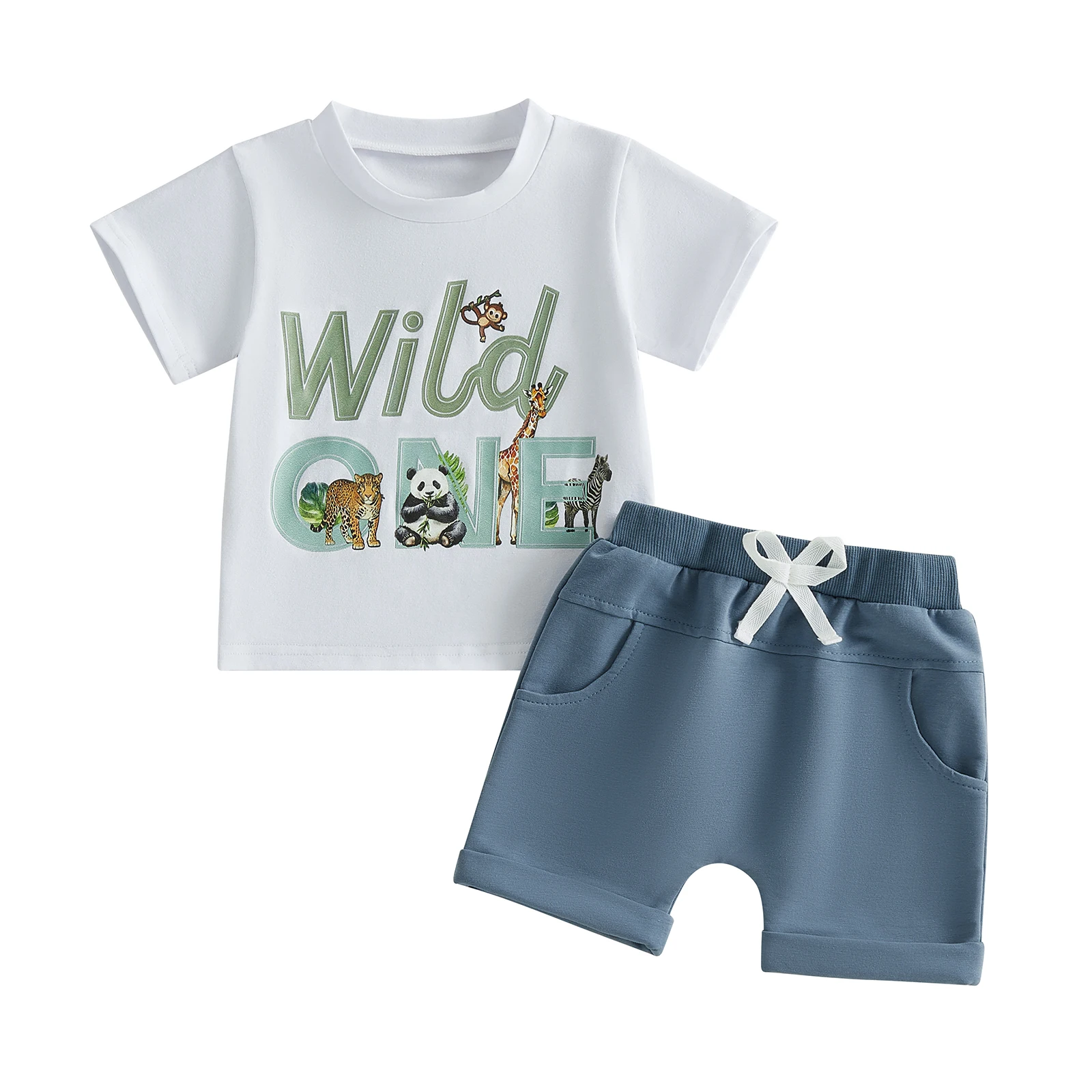 

Комплект из футболки с короткими рукавами и шорт с милым животным принтом для малышей на первый день рождения - комплект из 2 предметов