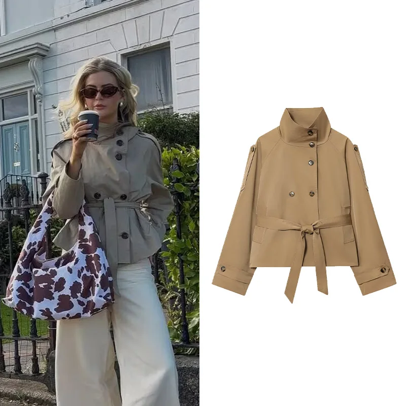 

HipSeam Women's High Neck Jacket With Belt Casual Vintage Double-Breasted Button Short Jacket Lady Coats Long Sleeve Female Tops